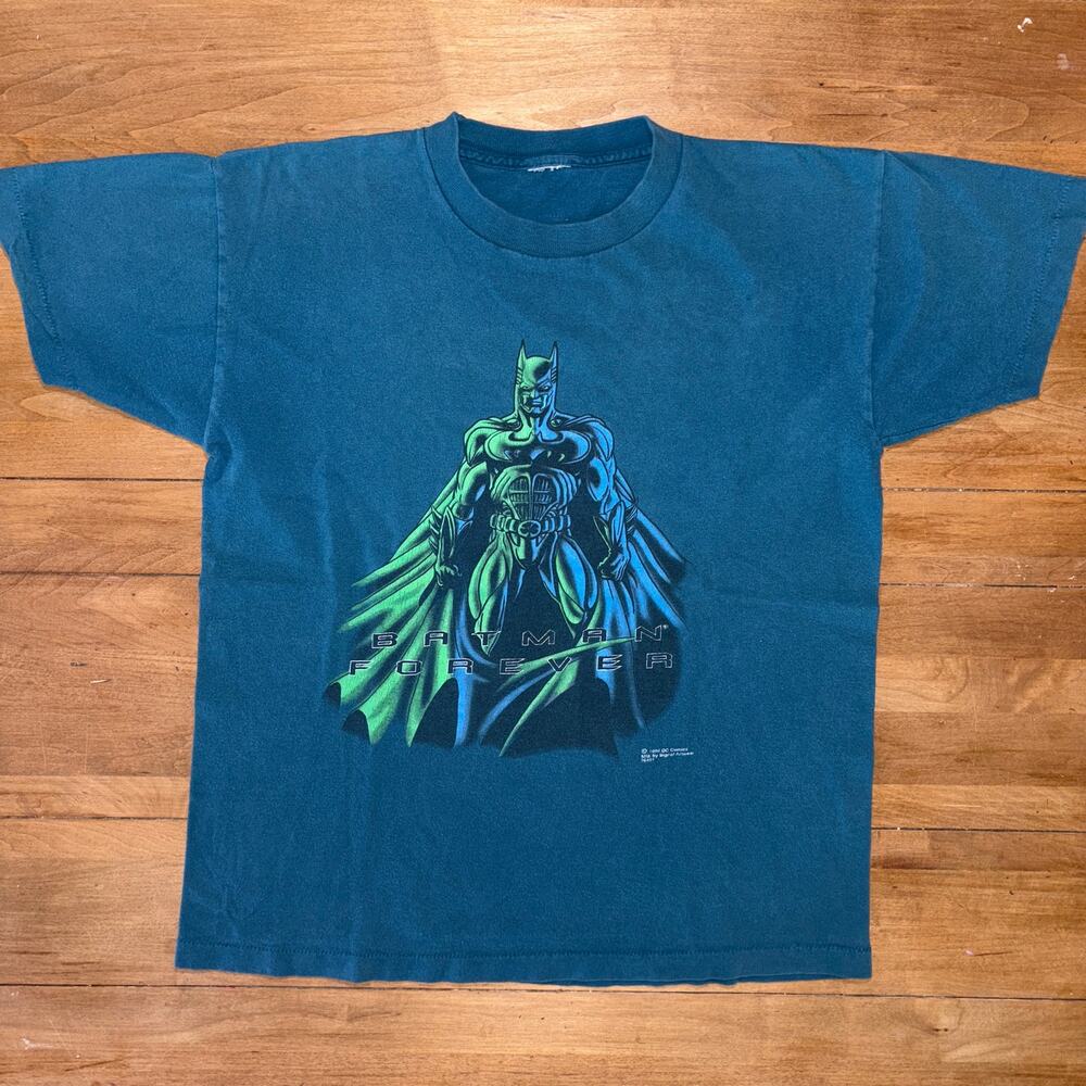 Vintage 90s Batman Forever Six Flags Shirt S Signal Artwear Blue Movie Tee